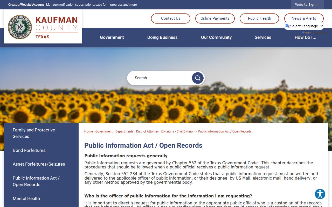 Kaufman County arrest lookup District Attorney open records instructions